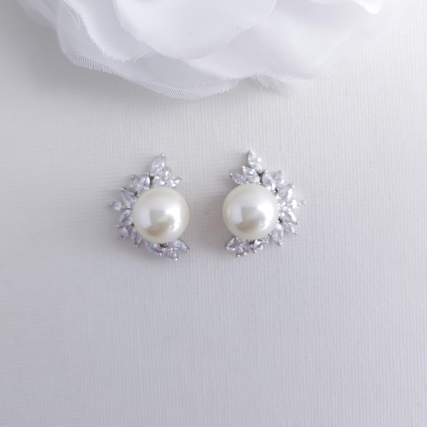 Pearl and CZ Cluster Stud Earrings Silver-Rylee