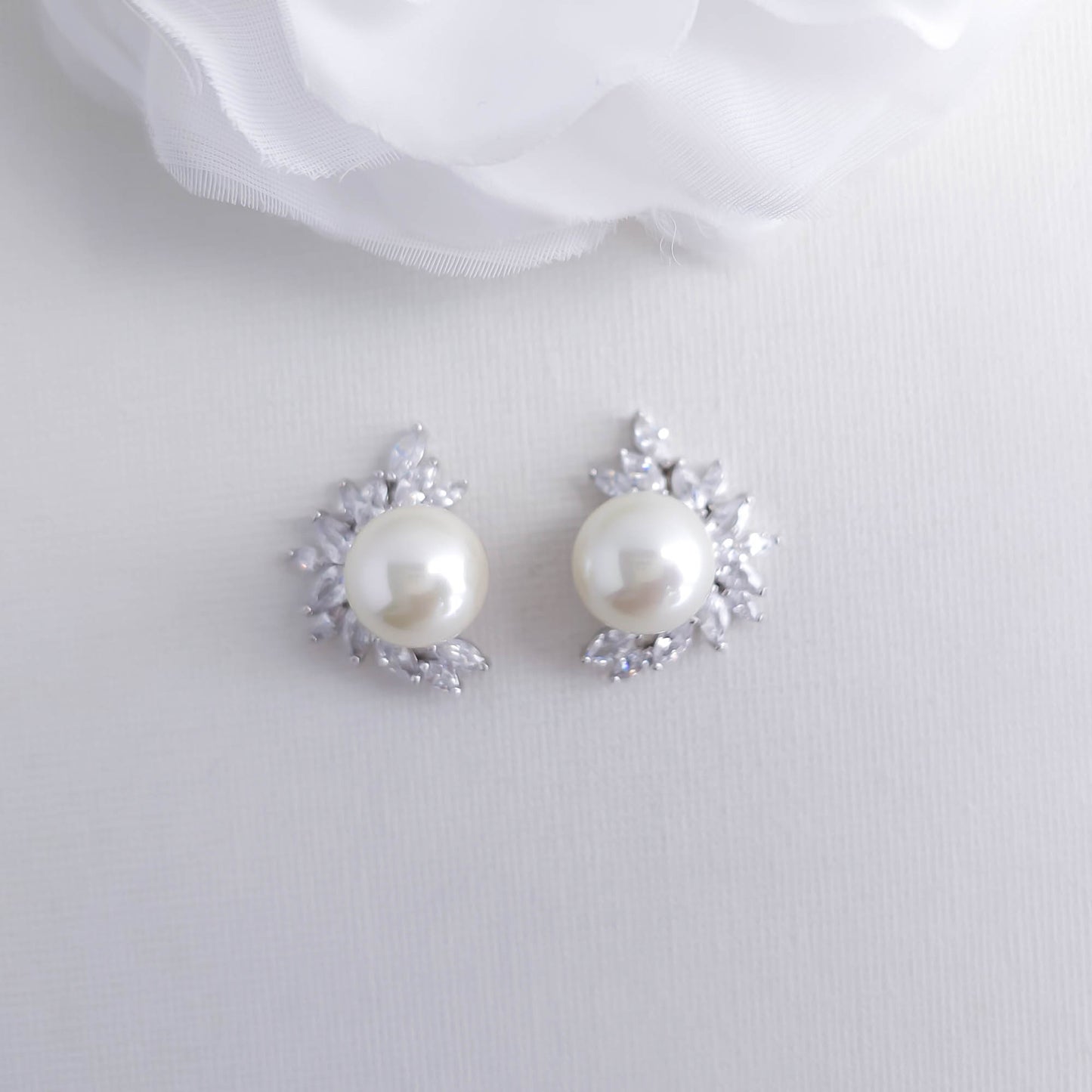 Pearl and CZ Cluster Stud Earrings Silver-Rylee