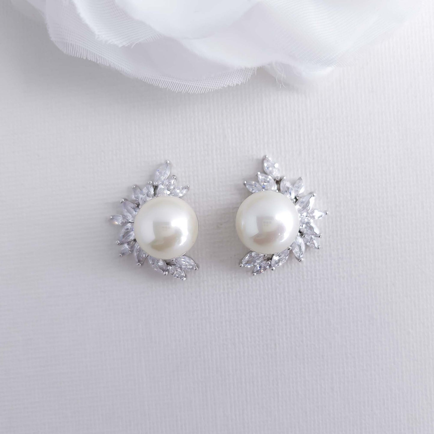 Pearl and CZ Cluster Stud Earrings Silver-Rylee