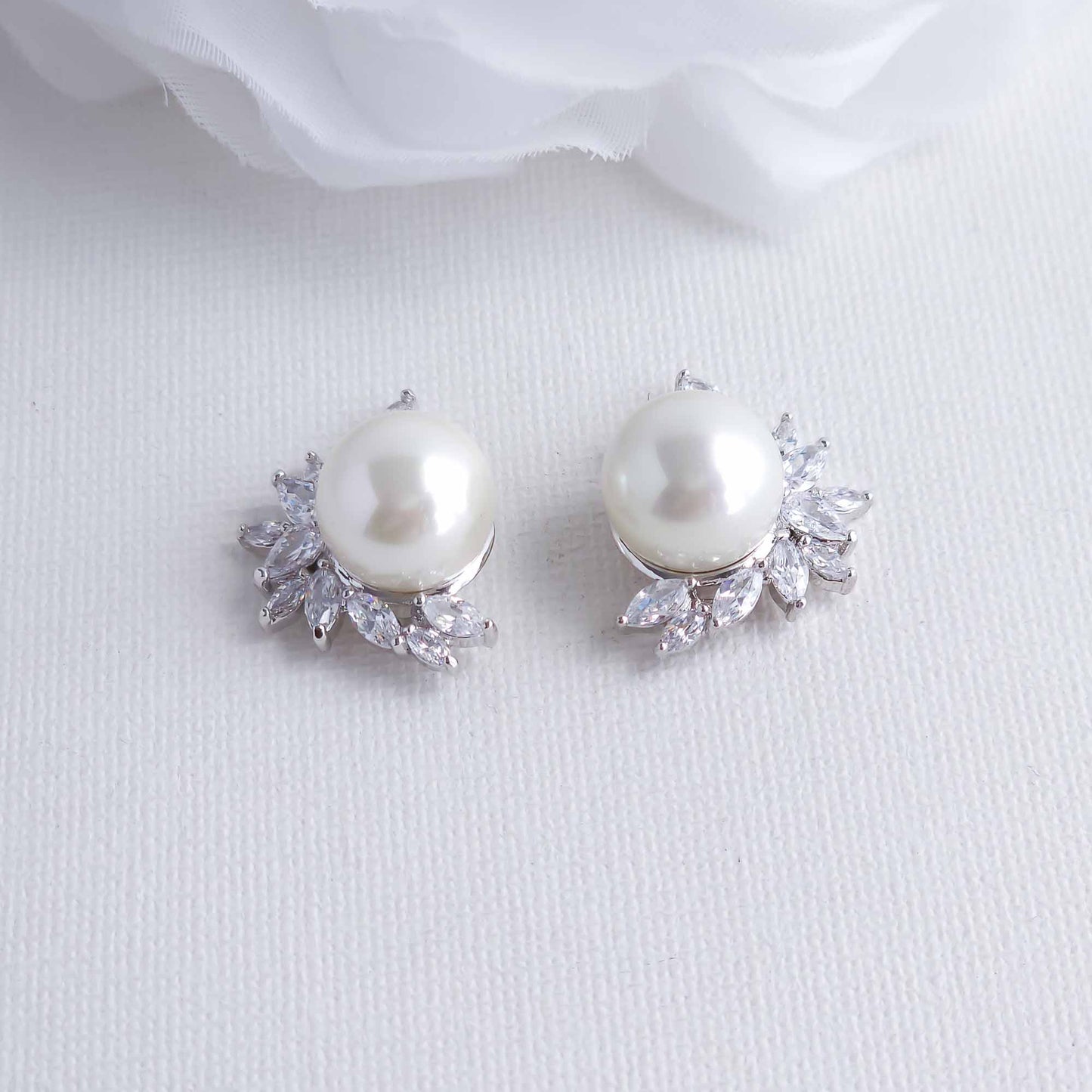 Pearl and CZ Cluster Stud Earrings Silver-Rylee