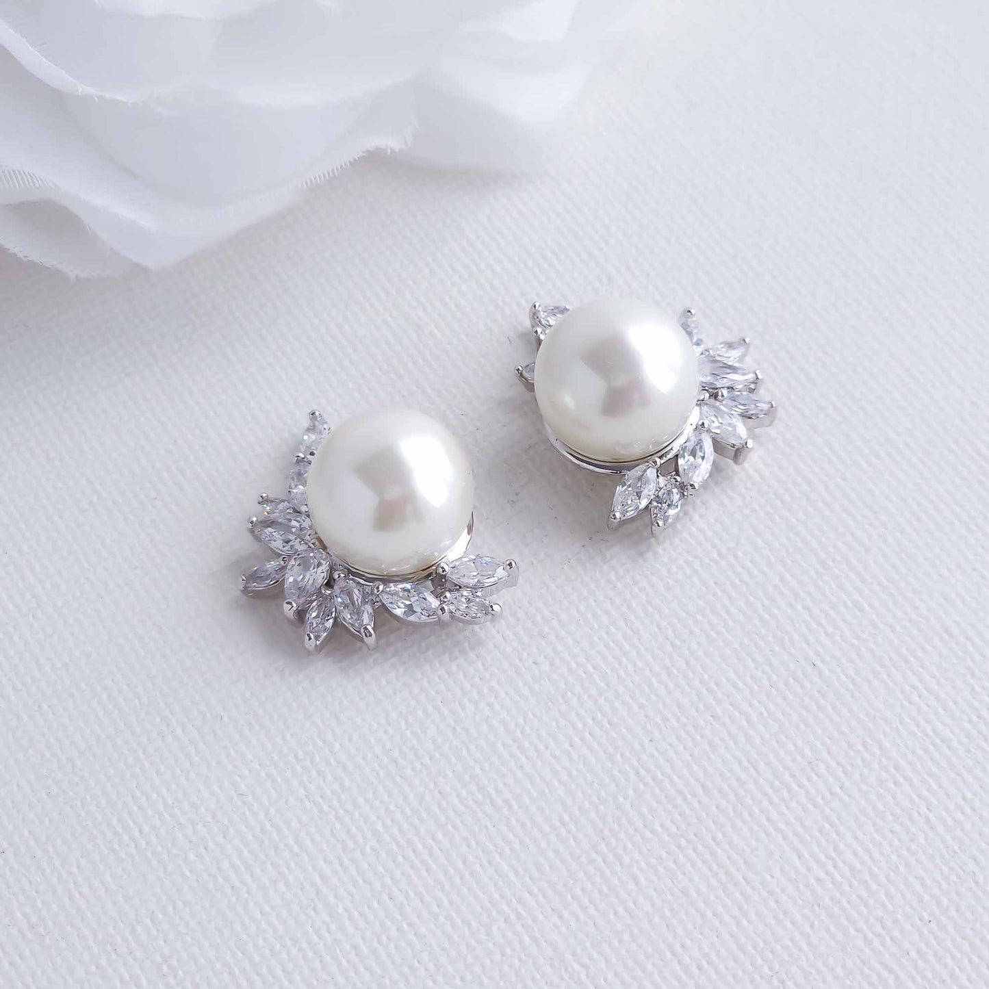 Pearl and CZ Cluster Stud Earrings Silver-Rylee