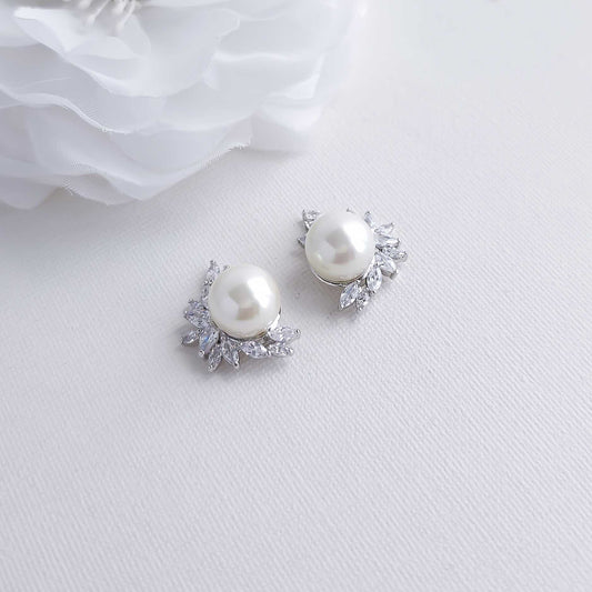 Pearl and CZ Cluster Stud Earrings Silver-Rylee