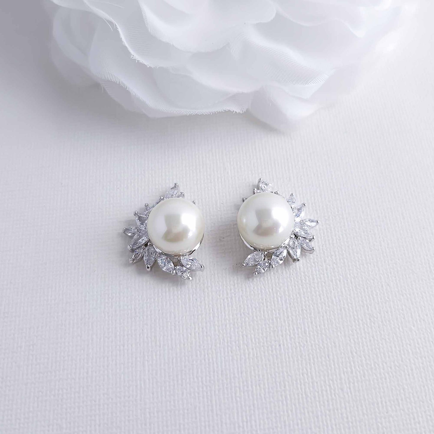 Pearl and CZ Cluster Stud Earrings Silver-Rylee