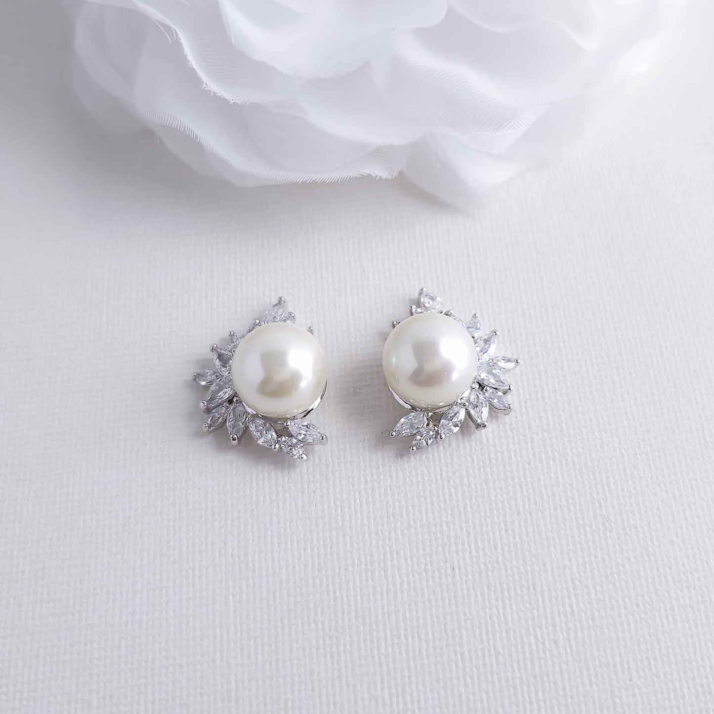 Pearl and CZ Cluster Stud Earrings Silver-Rylee