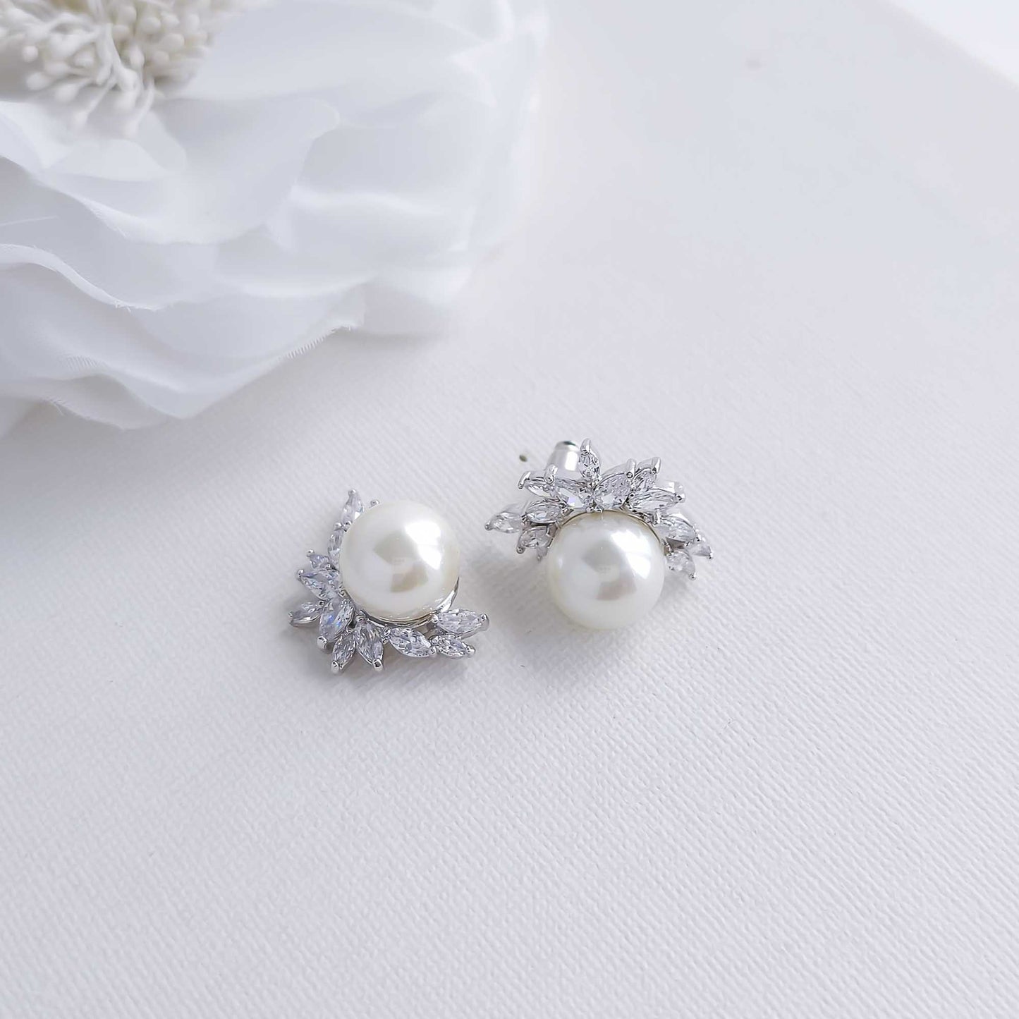 Pearl and CZ Cluster Stud Earrings Silver-Rylee