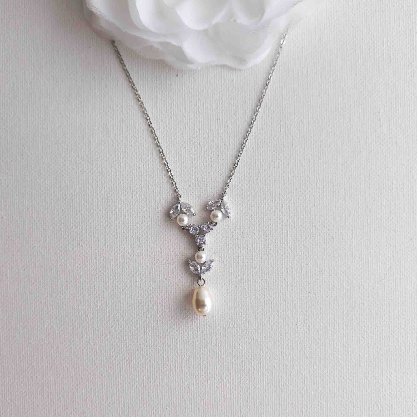 Gold Crystal & Pearl Y-Drop Bridal Necklace - Leila