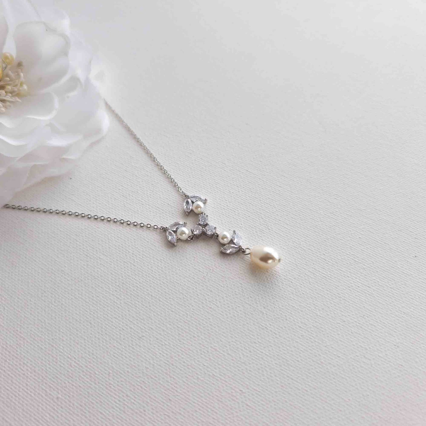 Rose Gold Crystal and Pearl Bridal Y-Drop Necklace - Leila