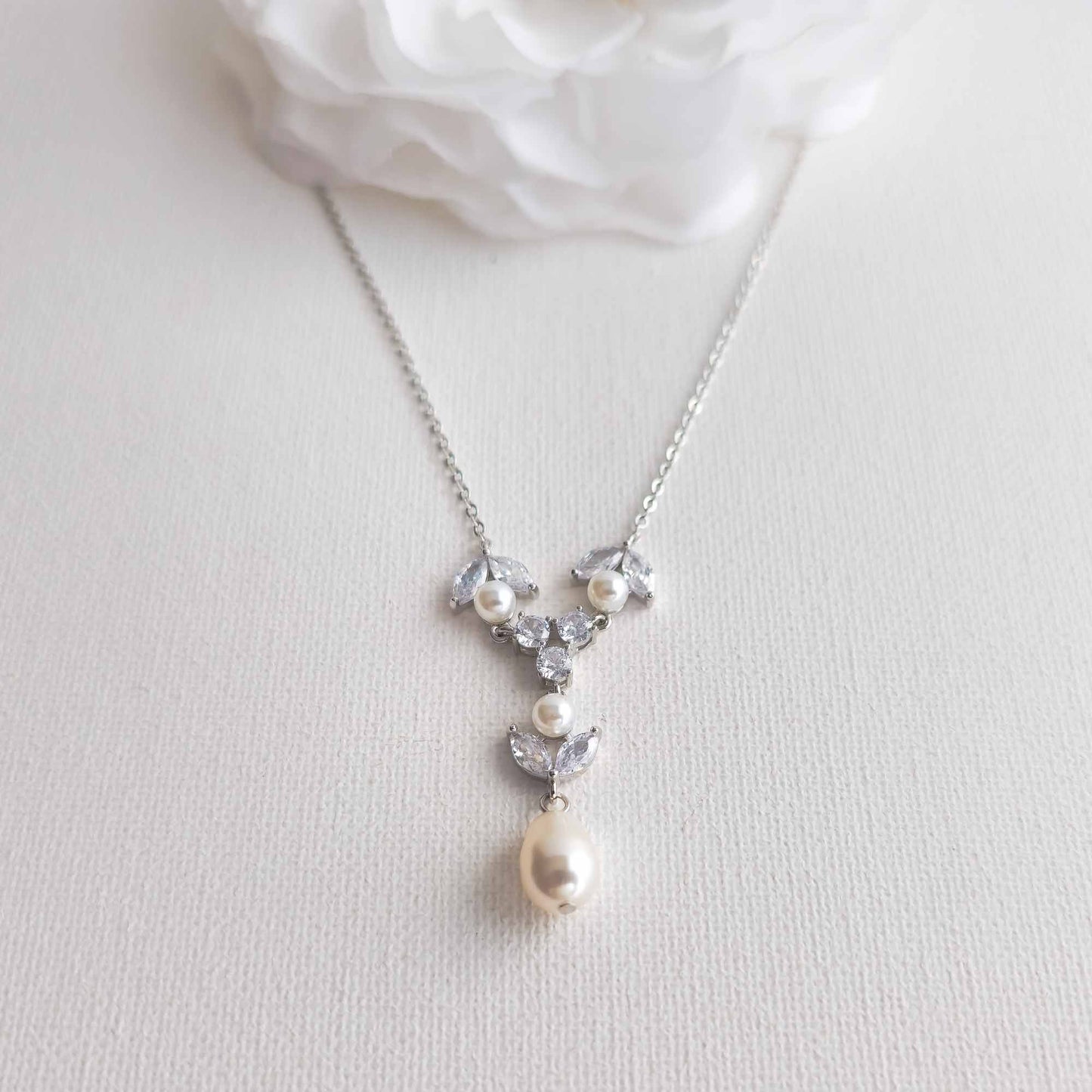 Crystal & Pearl Bridal Necklace in Silver - Leila