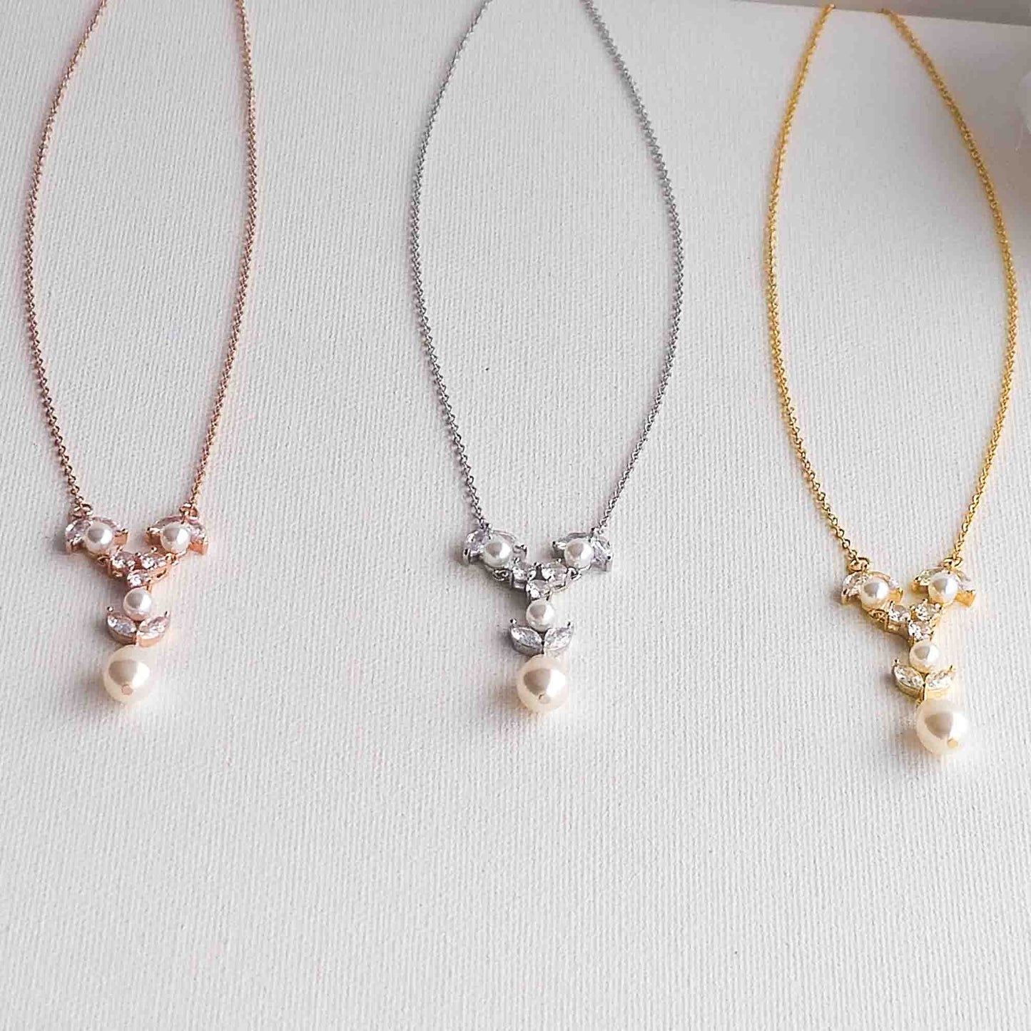 Gold Crystal & Pearl Y-Drop Bridal Necklace - Leila