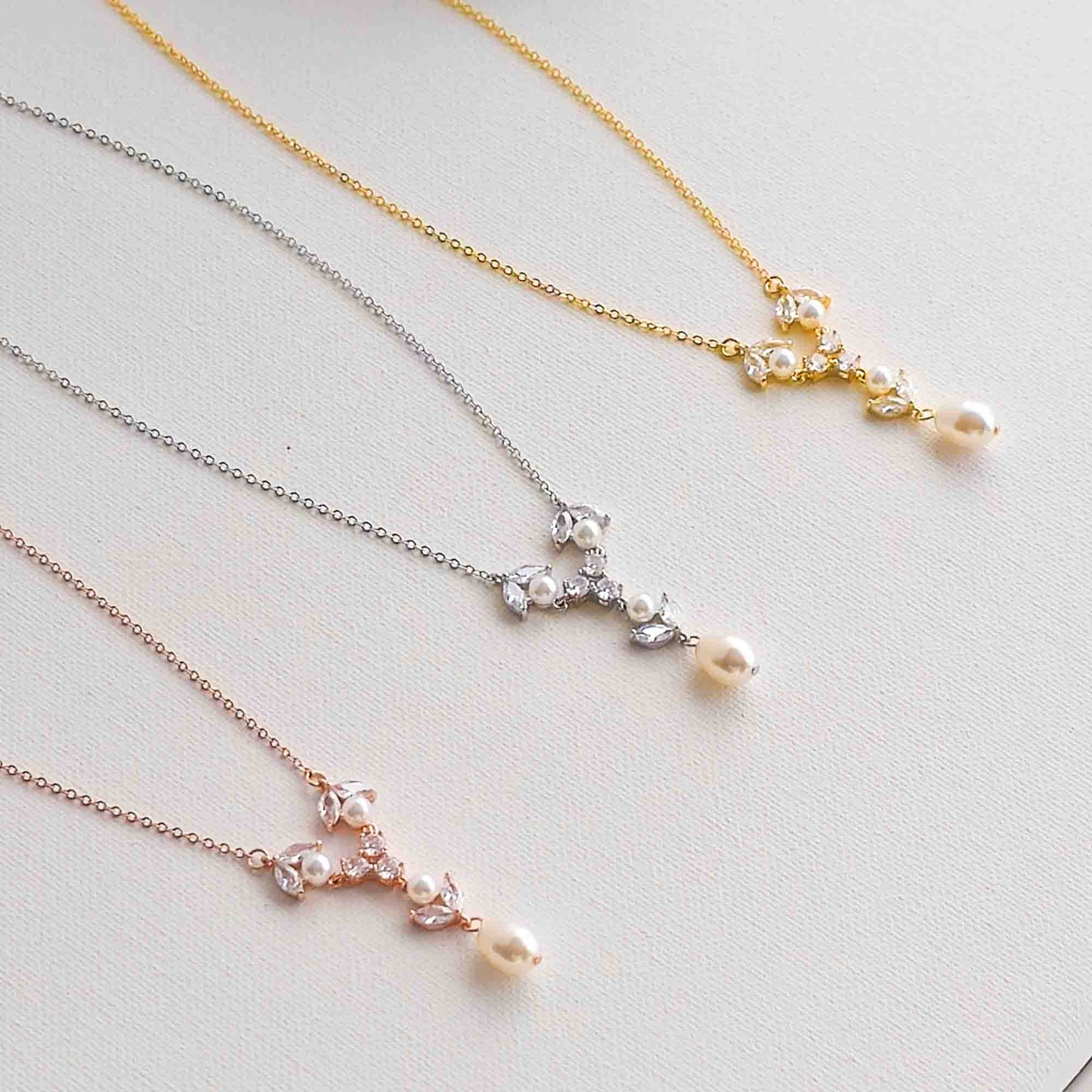 Gold Crystal & Pearl Y-Drop Bridal Necklace - Leila