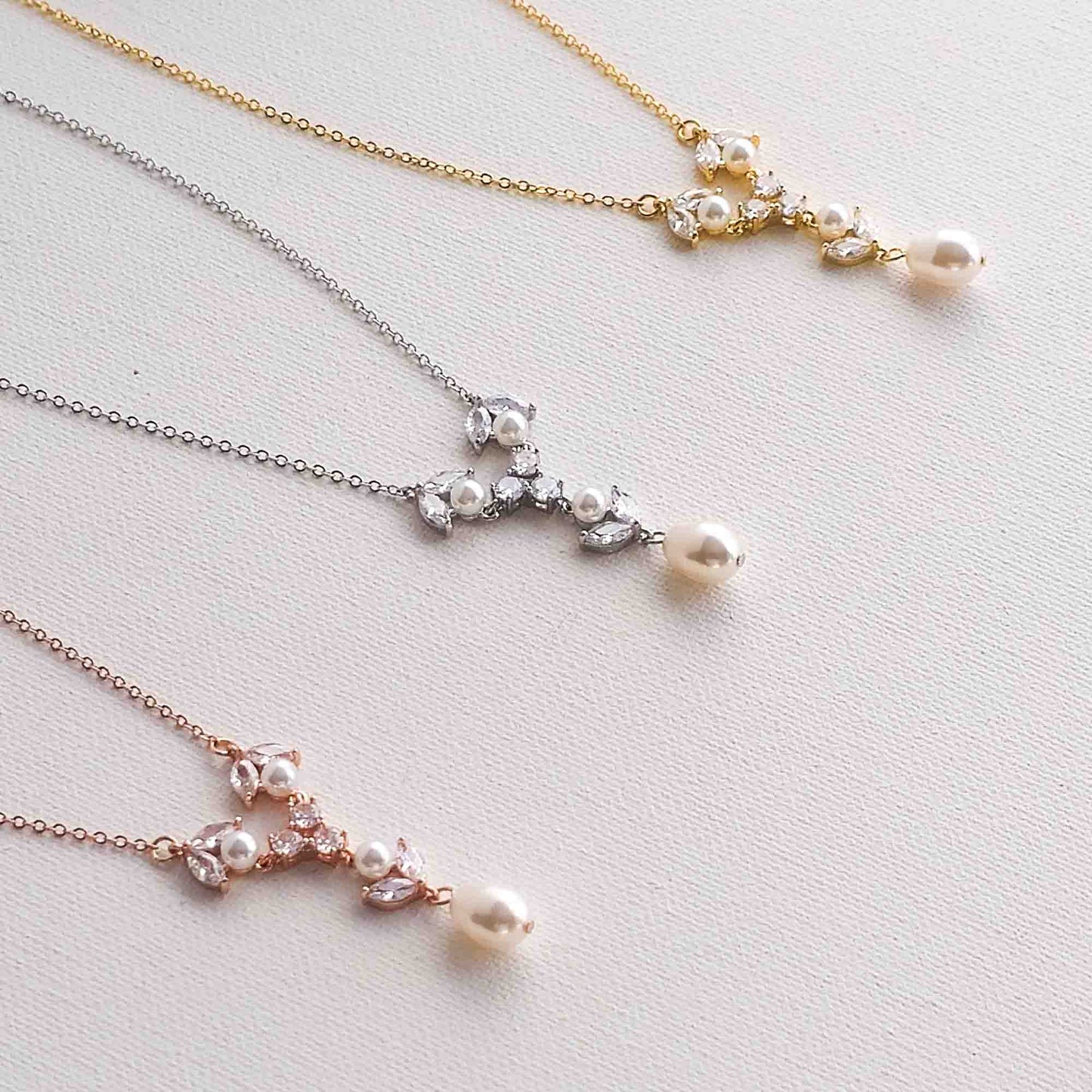 Gold Crystal & Pearl Y-Drop Bridal Necklace - Leila
