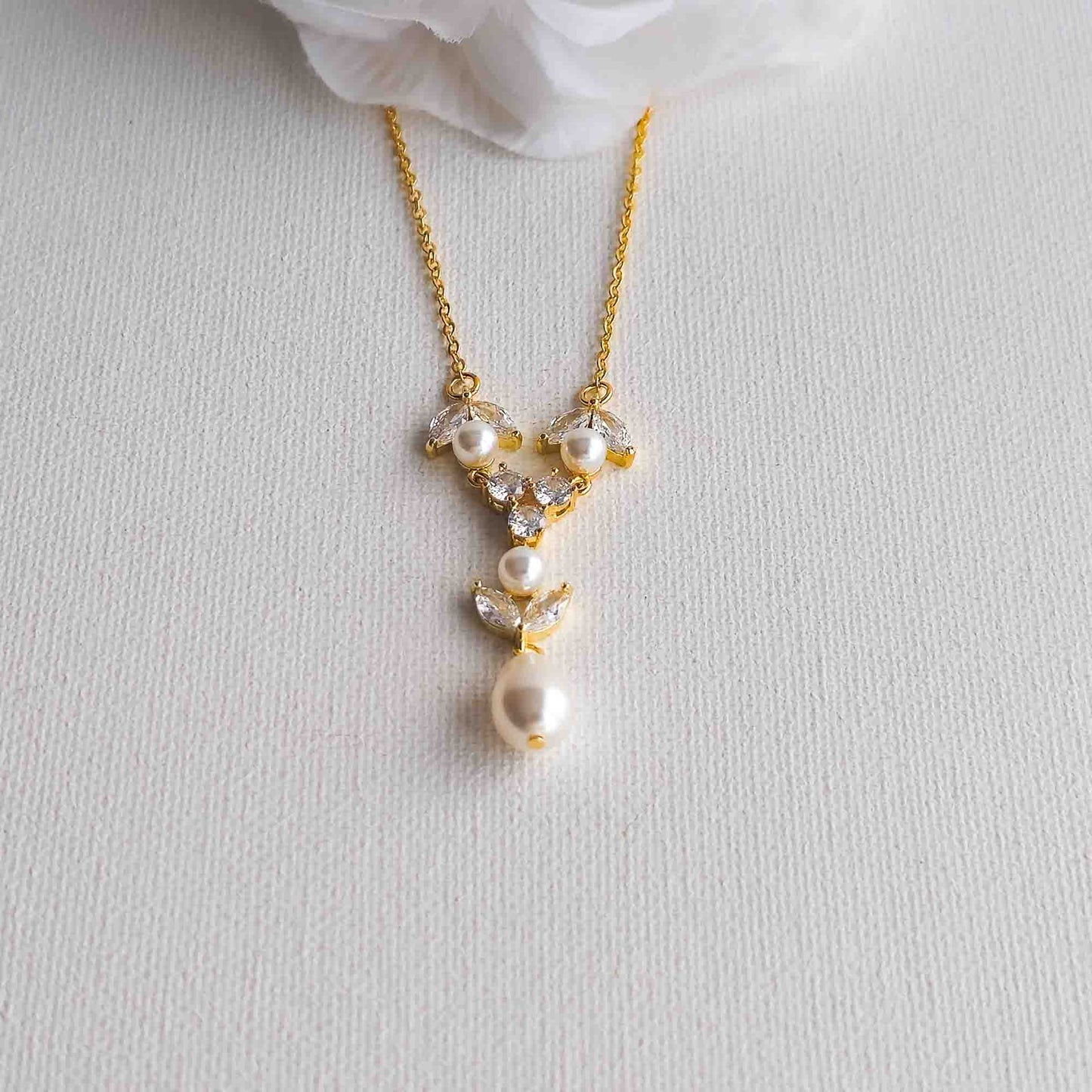 Gold Crystal & Pearl Y-Drop Bridal Necklace - Leila