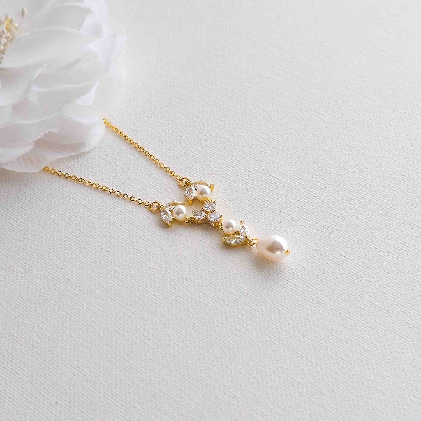 Crystal & Pearl Bridal Necklace in Silver - Leila
