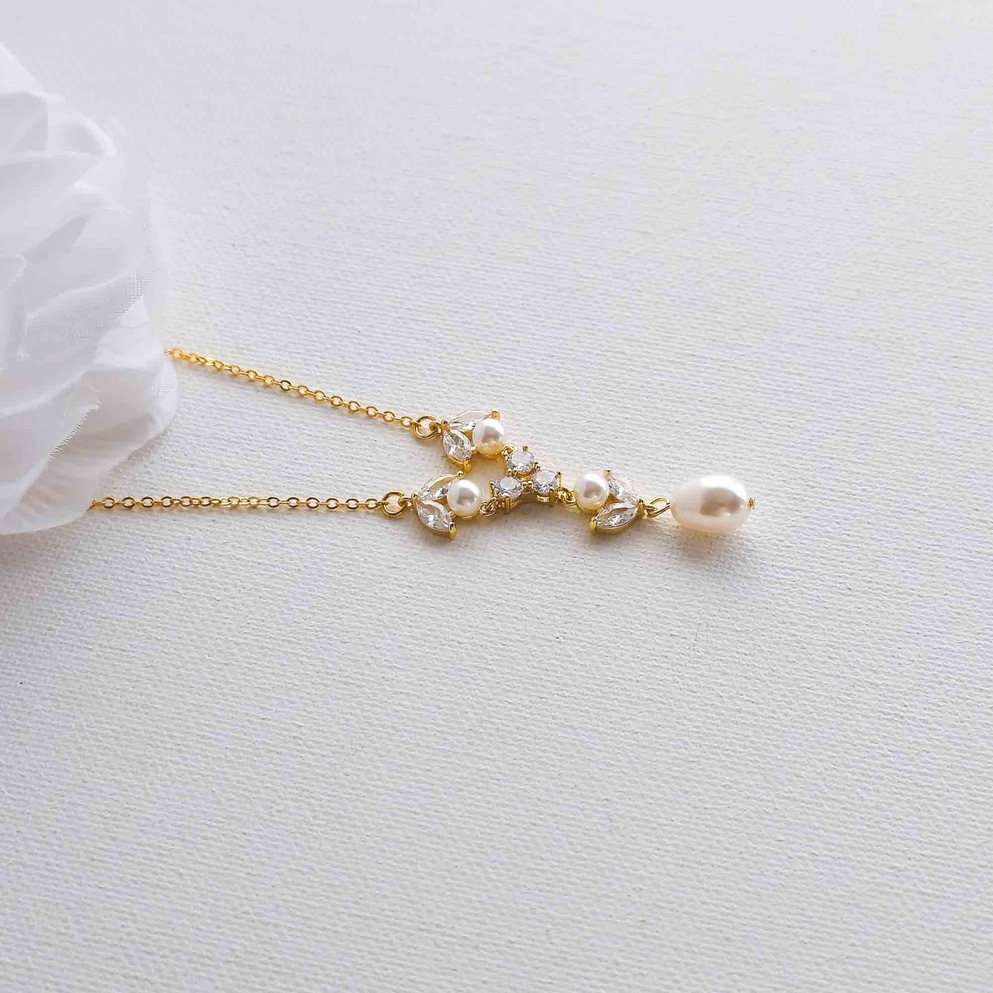Gold Crystal & Pearl Y-Drop Bridal Necklace - Leila