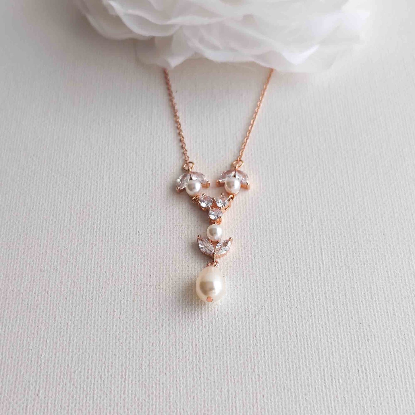 Gold Crystal & Pearl Y-Drop Bridal Necklace - Leila