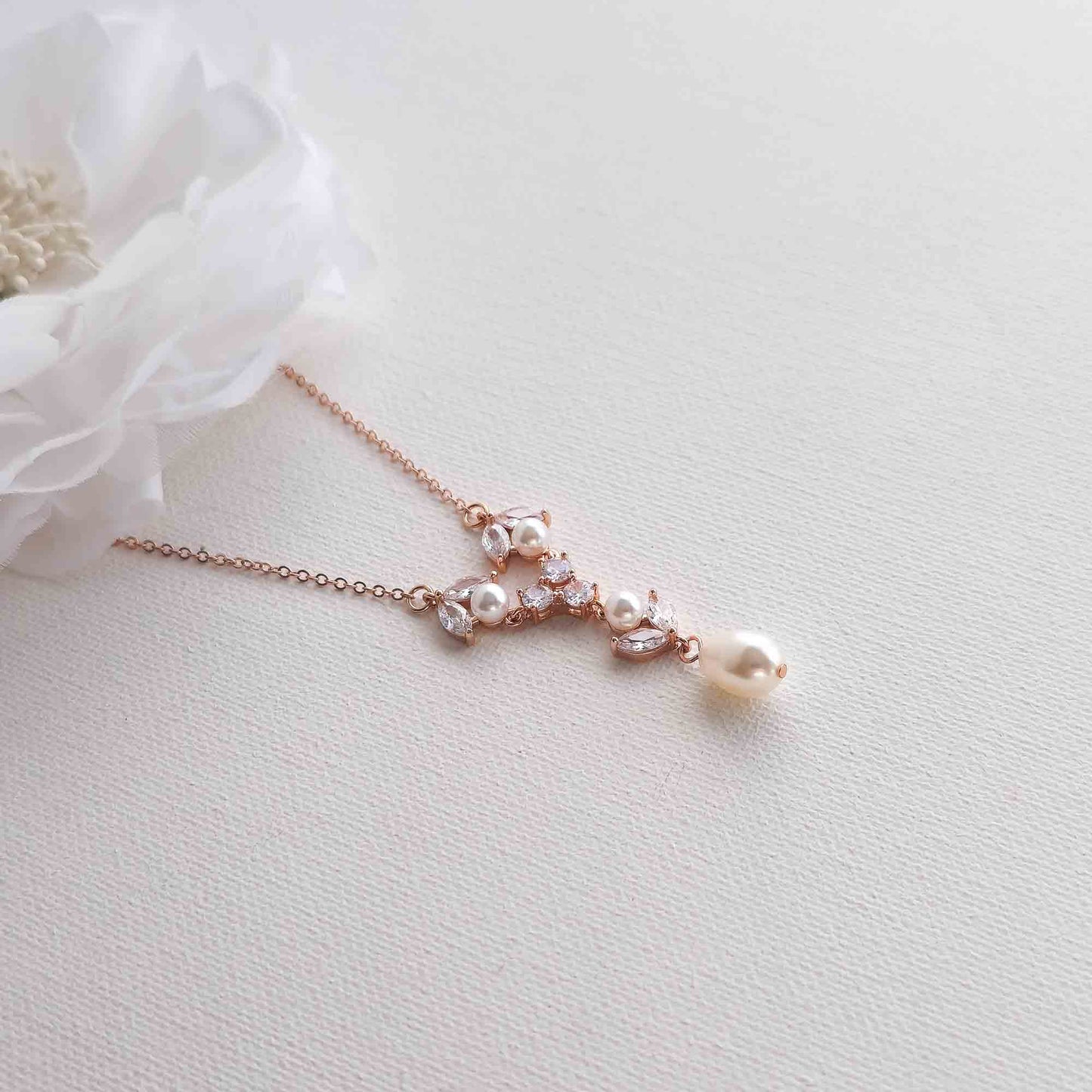 Crystal & Pearl Bridal Necklace in Silver - Leila