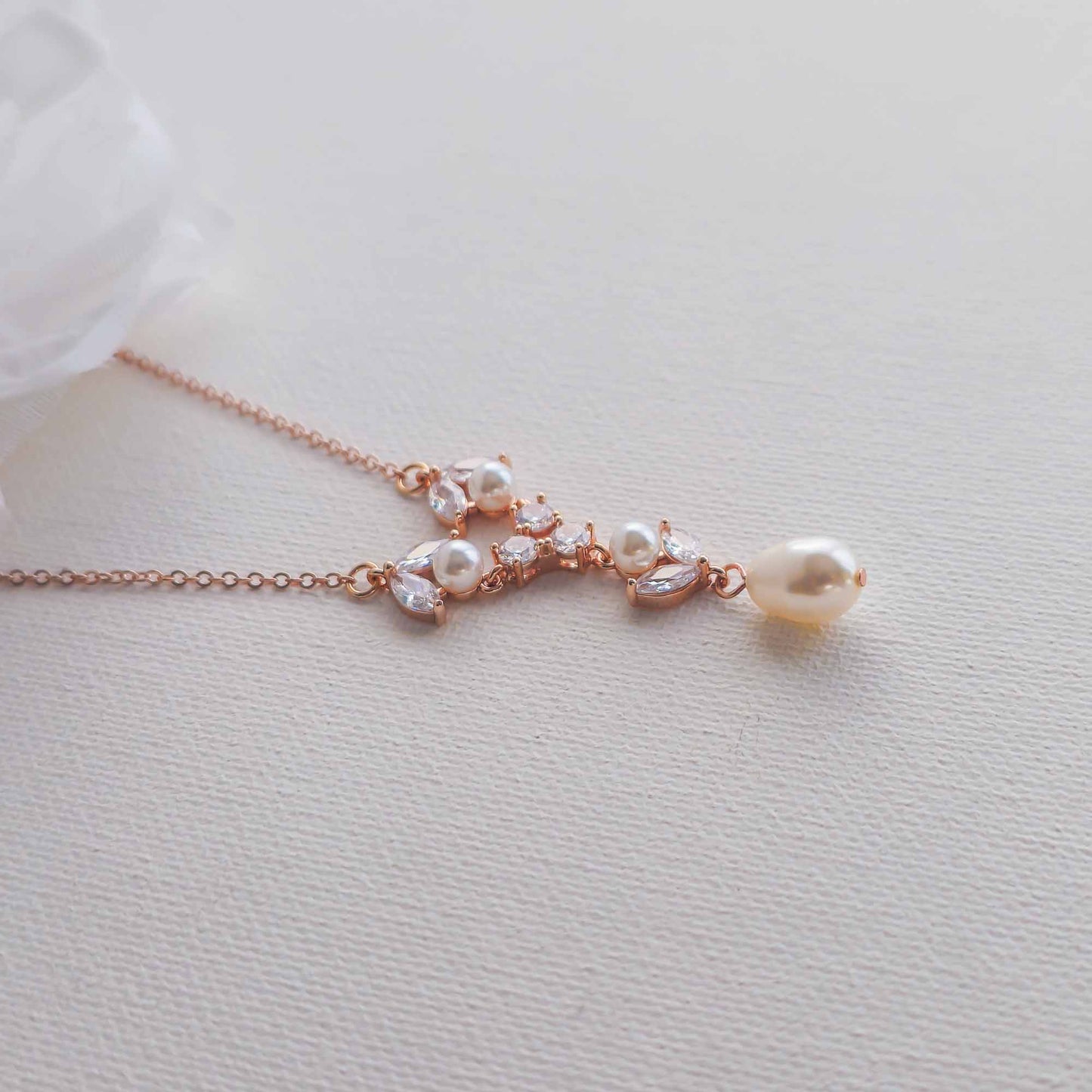 Crystal & Pearl Bridal Necklace in Silver - Leila