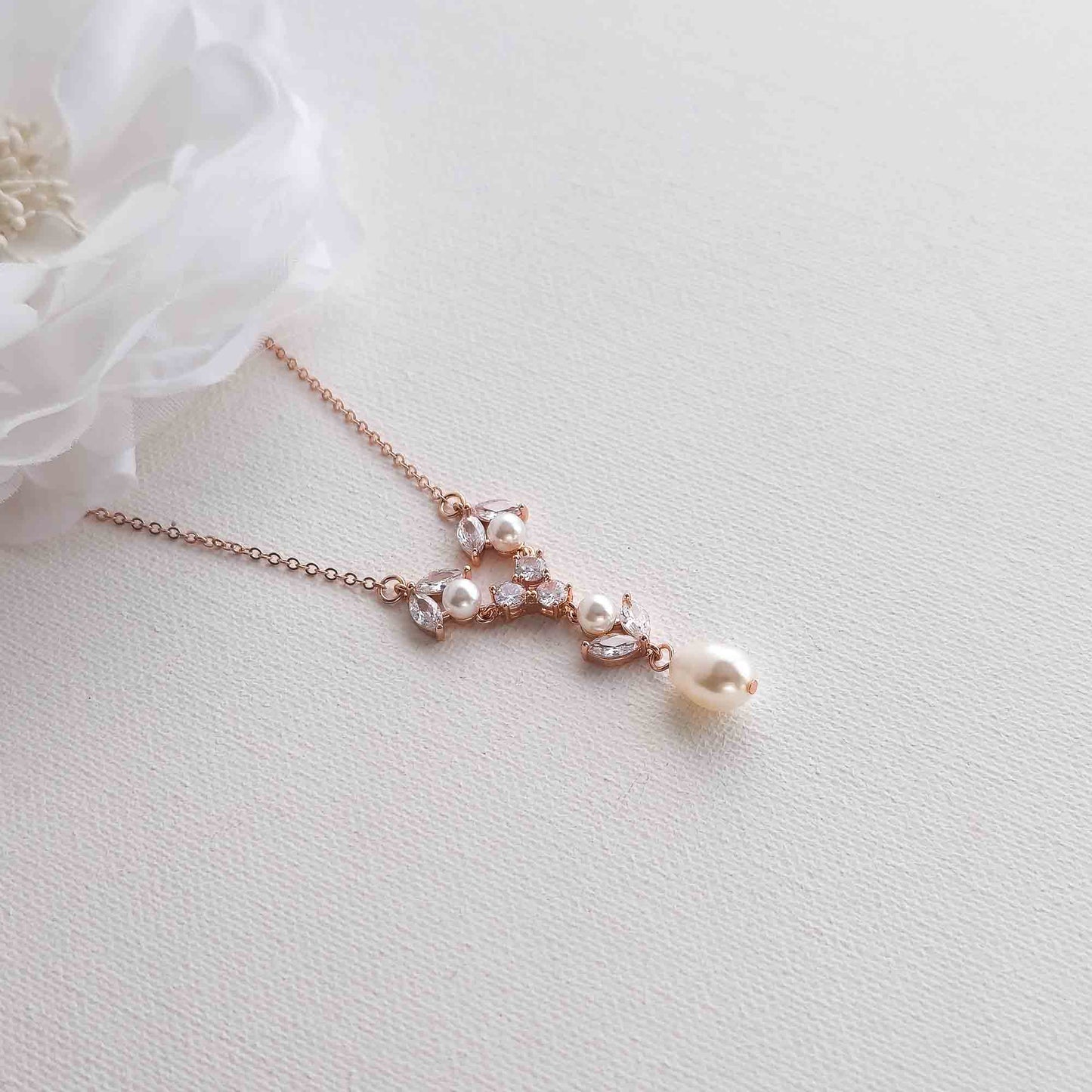 Gold Crystal & Pearl Y-Drop Bridal Necklace - Leila