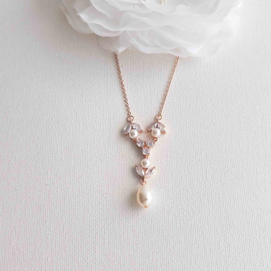 Rose Gold Crystal and Pearl Bridal Y-Drop Necklace - Leila