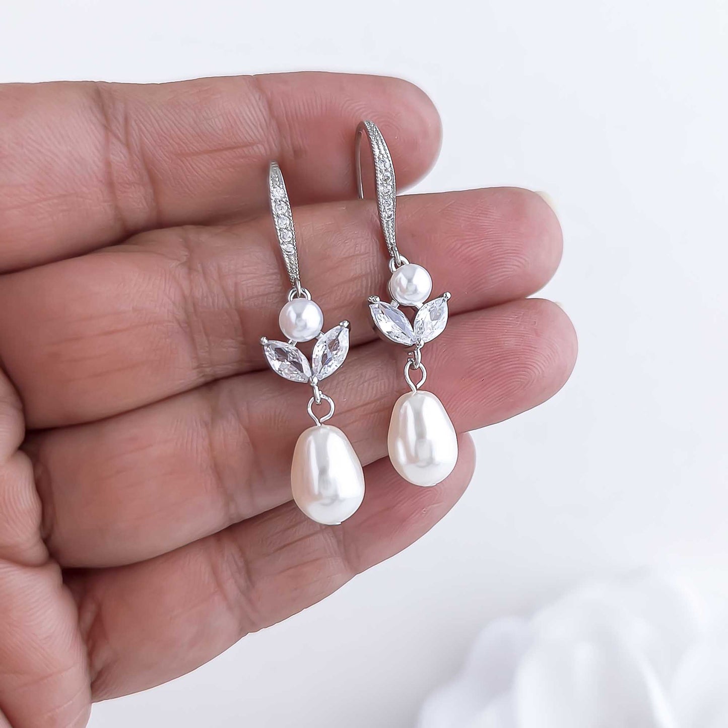 Pearl and Crystal Dangle Earrings-Leila