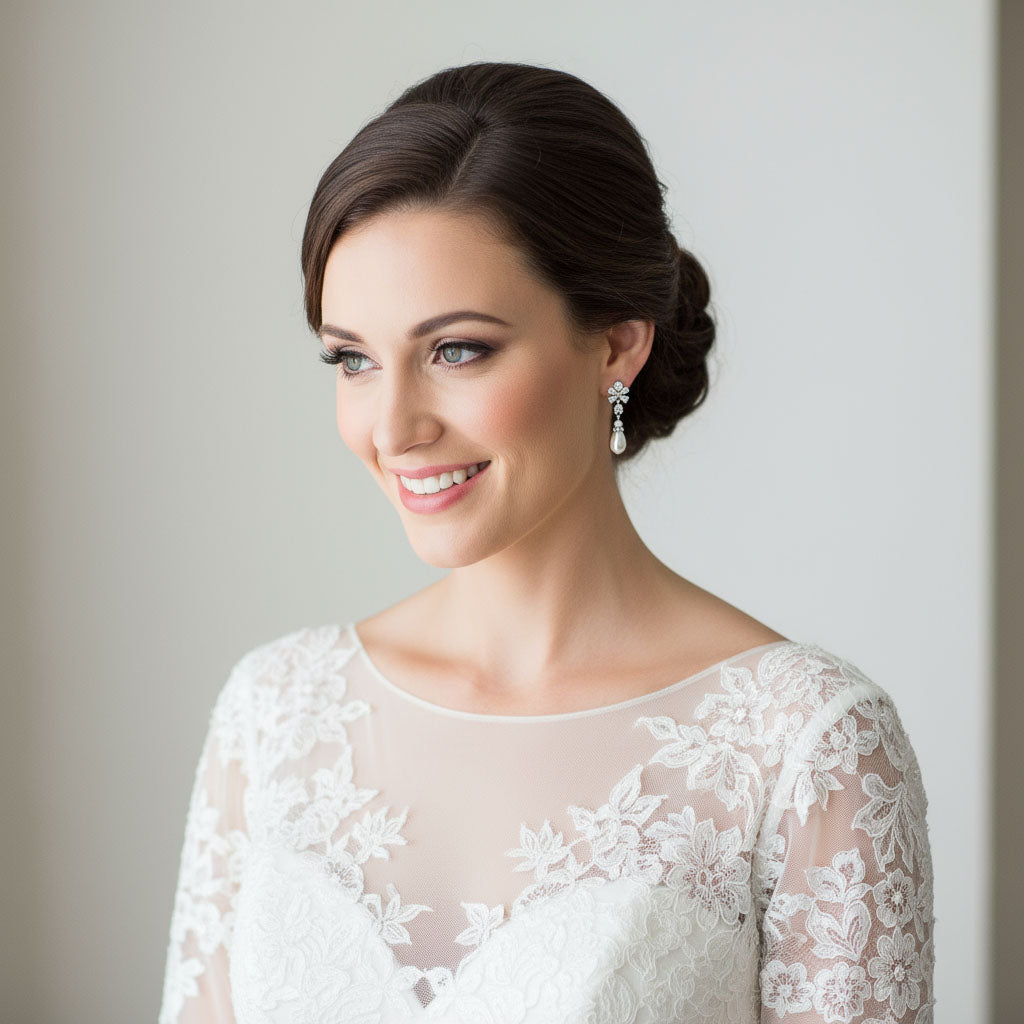 Pearl Drop Earrings for Weddings with Flower Ear Posts-Lila