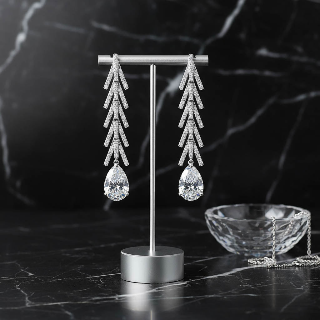 Long Leafy Cubic Zirconia Dangle Earrings for the Modern Bride-Lily