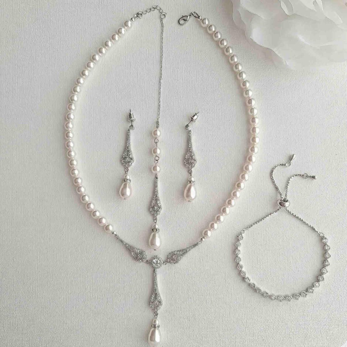 Rose Gold Pearl Wedding Jewelry Set (3-Piece Earrings Necklace Bracelet) – Lisa
