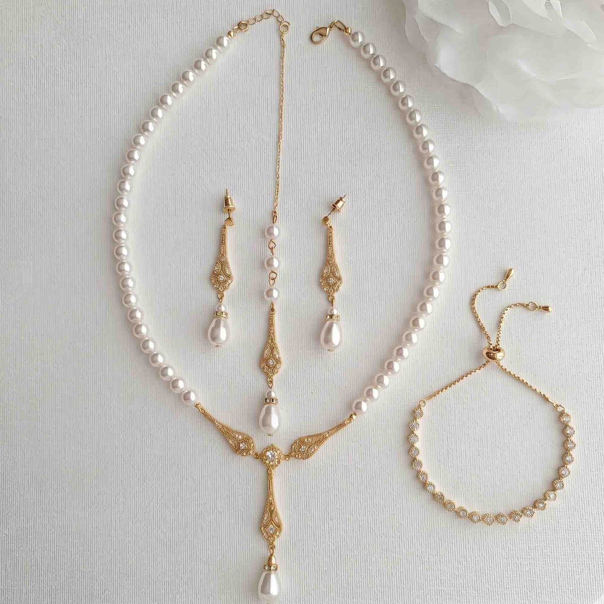 Rose Gold Pearl Wedding Jewelry Set (3-Piece Earrings Necklace Bracelet) – Lisa