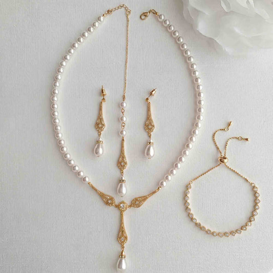 Ensemble collier et boucles d'oreilles en perles d'or avec bracelet pour mariage-Lisa