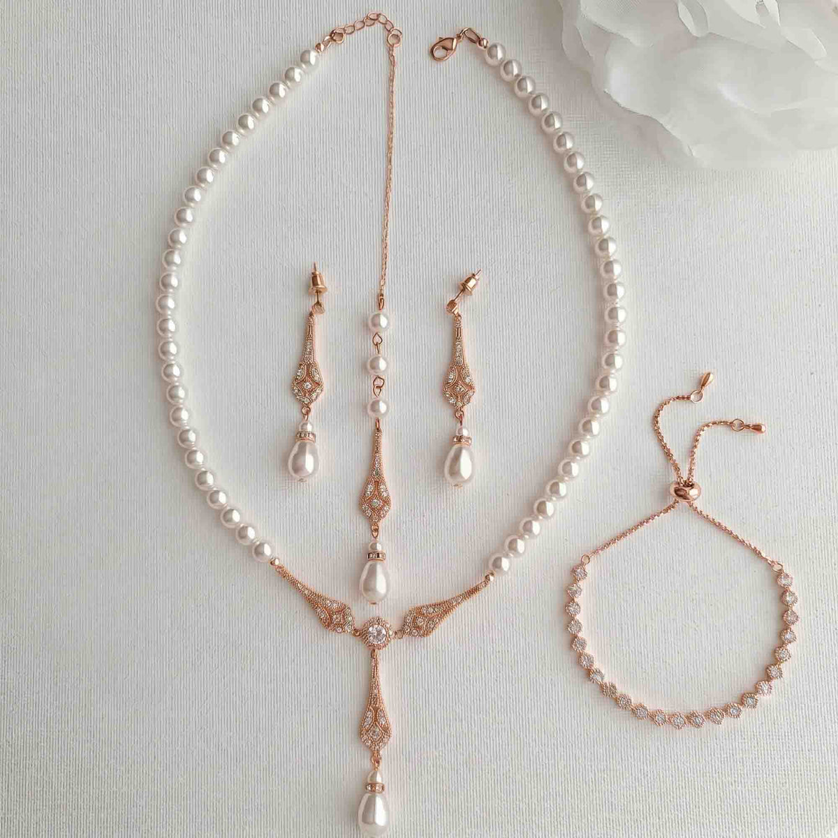 Rose Gold Pearl Wedding Jewelry Set (3-Piece Earrings Necklace Bracelet) – Lisa