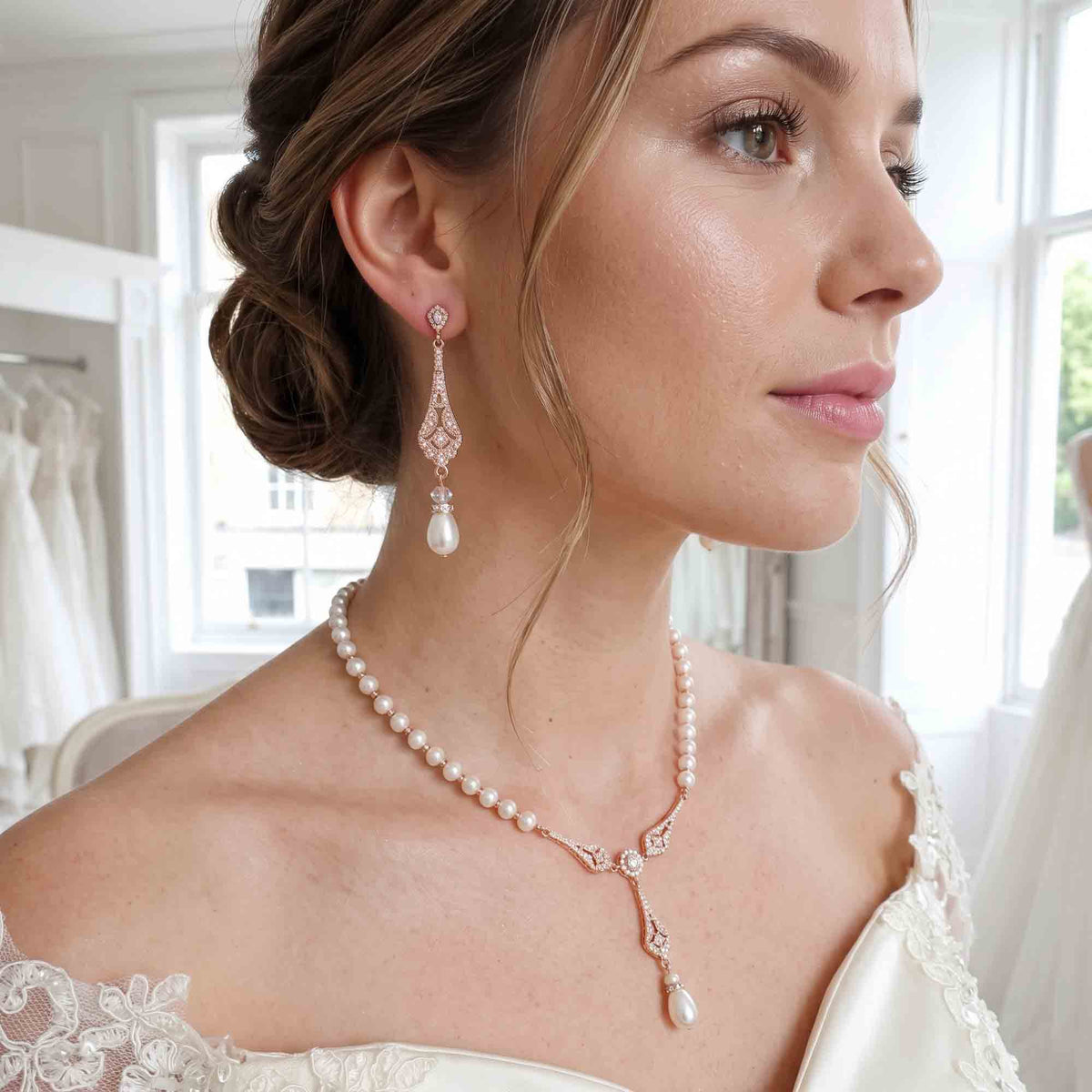 Rose Gold Pearl Wedding Jewelry Set (3-Piece Earrings Necklace Bracelet) – Lisa