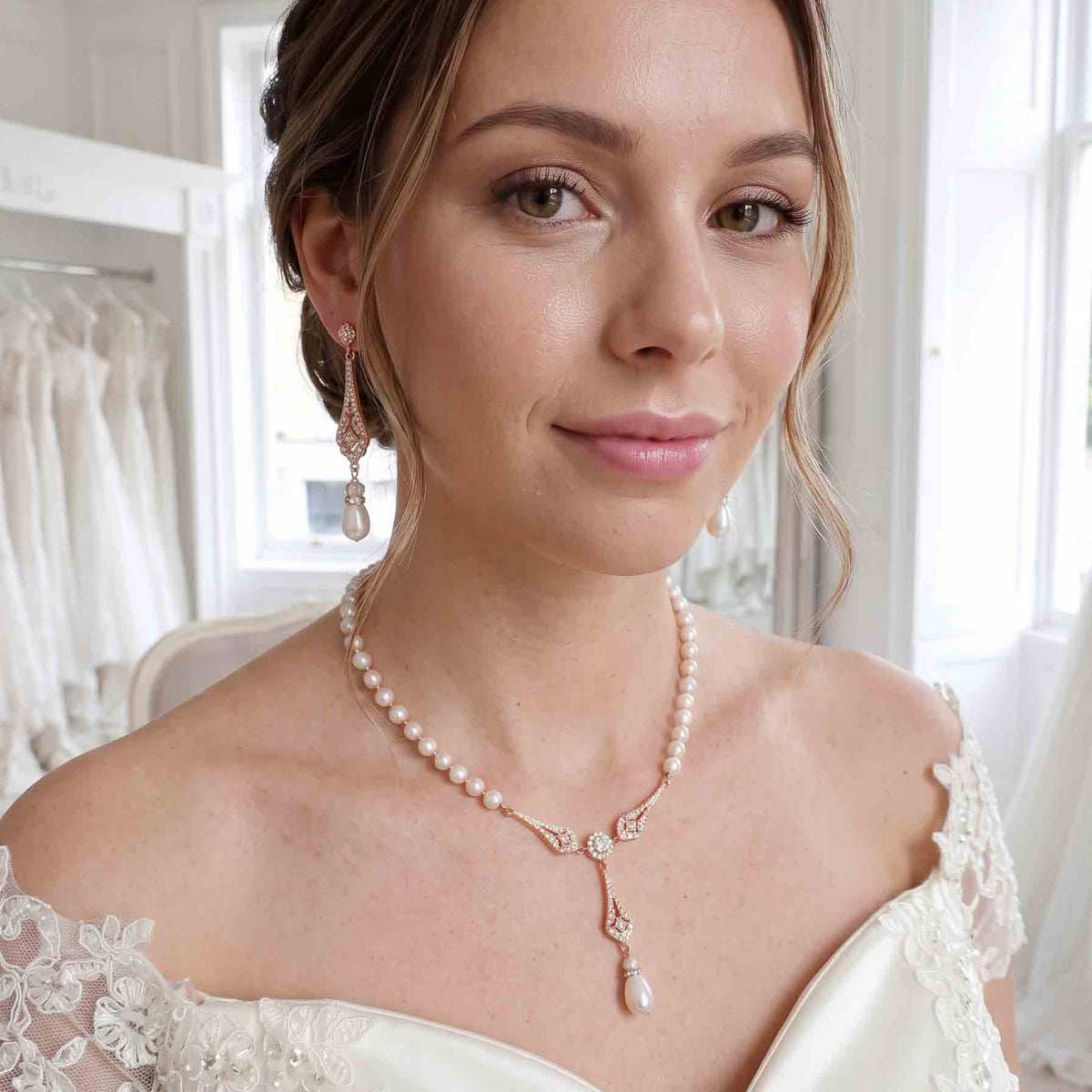 Rose Gold Pearl Wedding Jewelry Set (3-Piece Earrings Necklace Bracelet) – Lisa