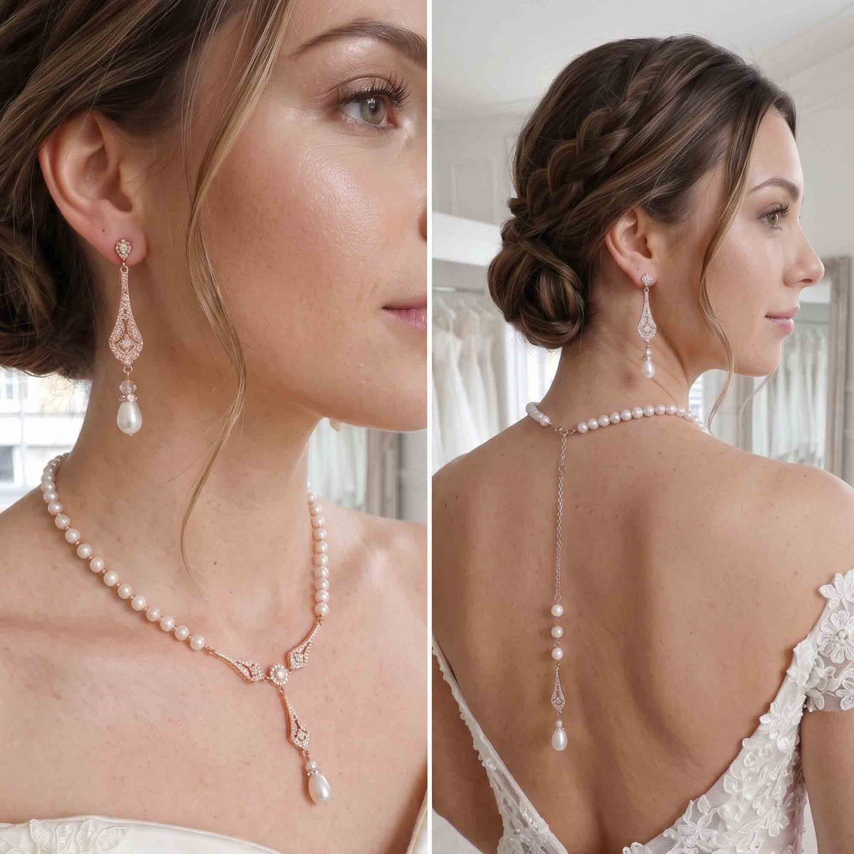 Rose Gold Pearl Wedding Jewelry Set (3-Piece Earrings Necklace Bracelet) – Lisa
