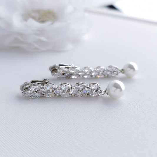 Long Clip On Earrings with Pearl Drops for Weddings-Kali