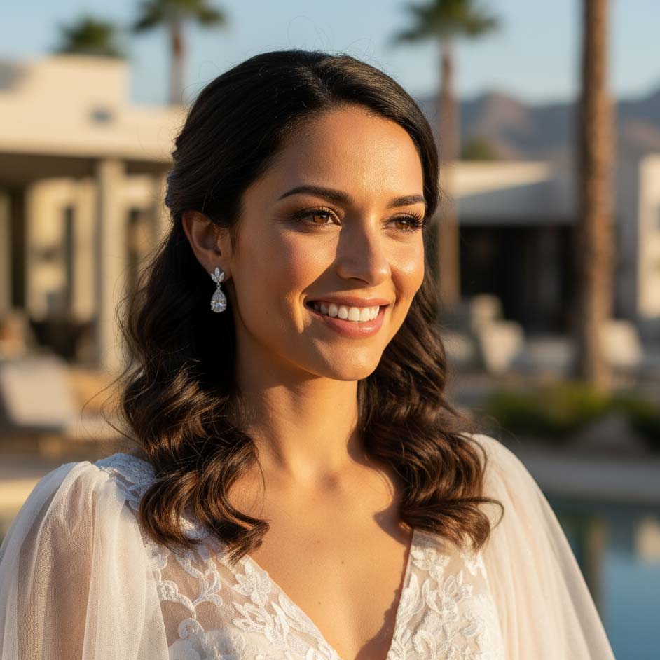 Small Bridal Dangle Drop Earrings with Delicate Leaf Ear-Top and Classic Teardrop for Brides (Silver CZ)– Vera