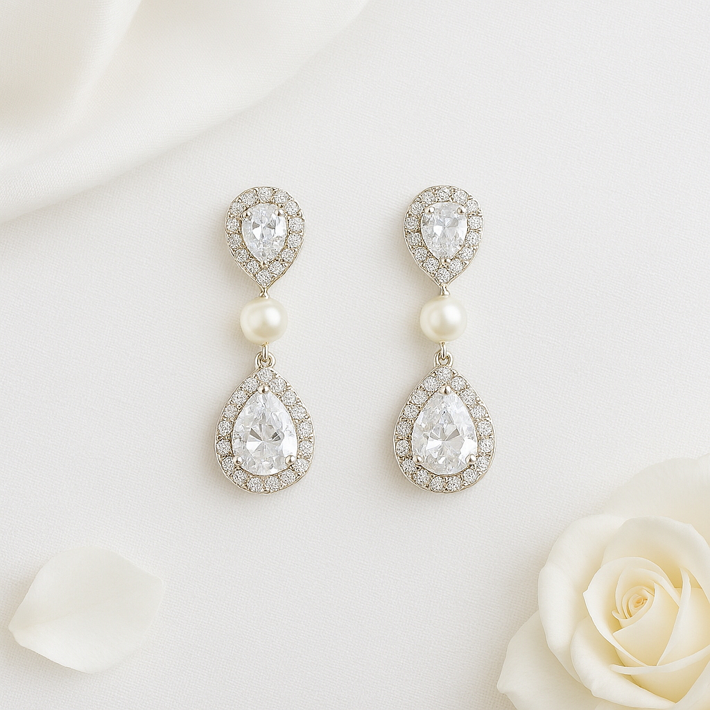 Gold Pearl & Cubic Zirconia Bridal Earrings with Pear Drops- Emma