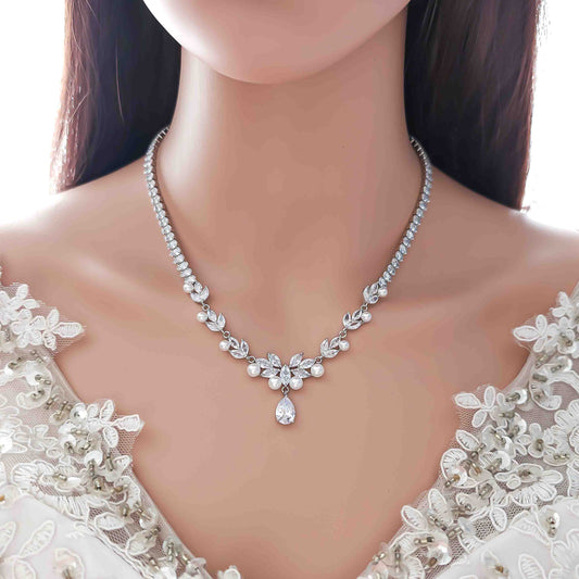 Pearl Wedding Jewelry Set of Necklace and Earrings-Jenna