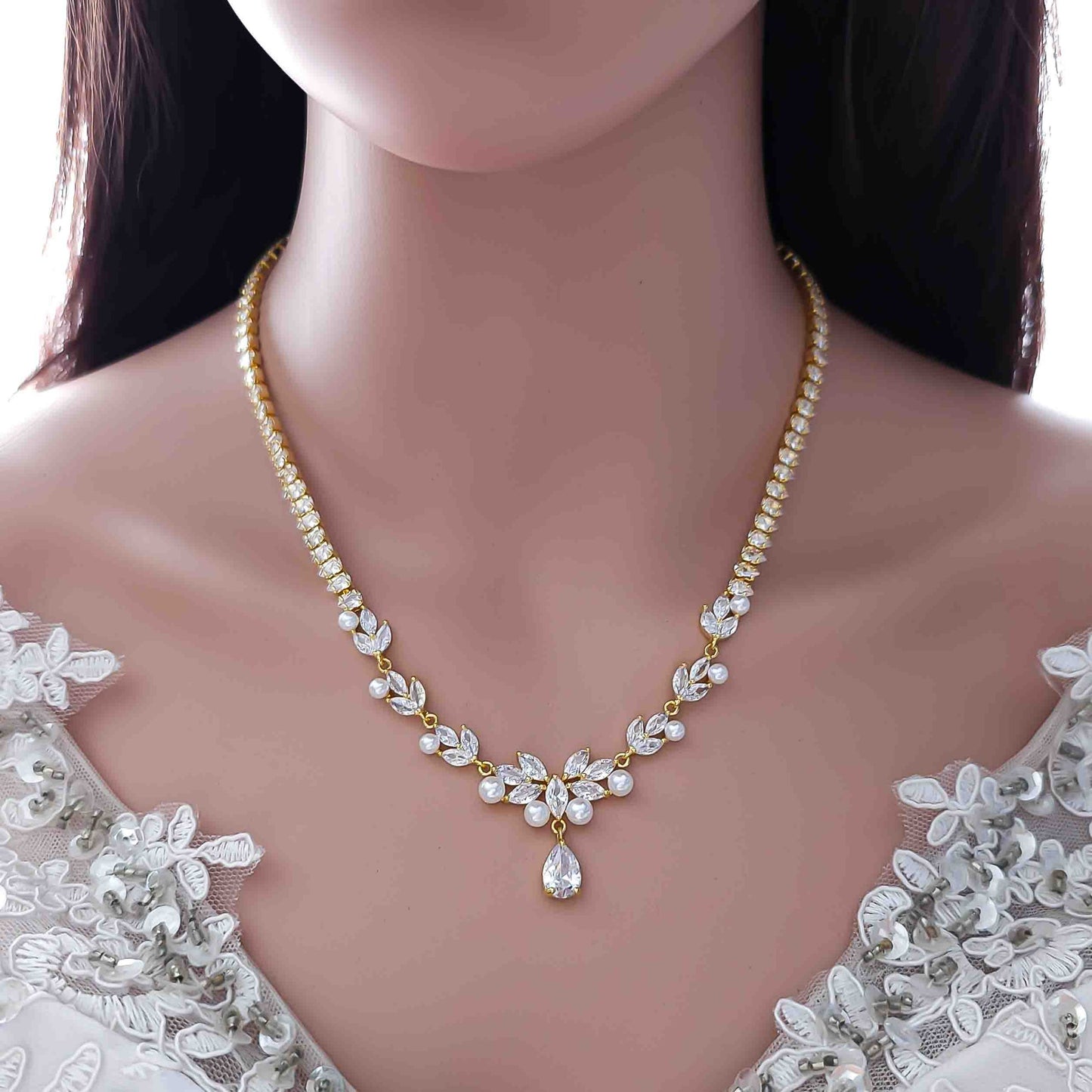 Bridal Pearl Necklace Set in Gold-Jenna
