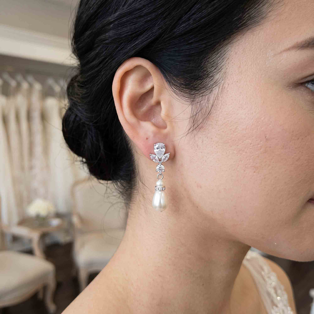 Gold Clip On earrings Brides with CZ leaf Stud & Teardrop Pearls - Nicole