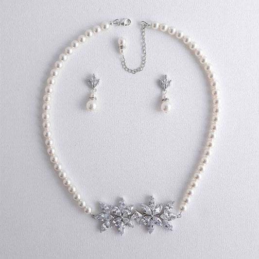 Ensemble de bijoux de mariée en perles de couleur perle blanche ivoire avec collier, toile de fond et boucles d'oreilles-Katie