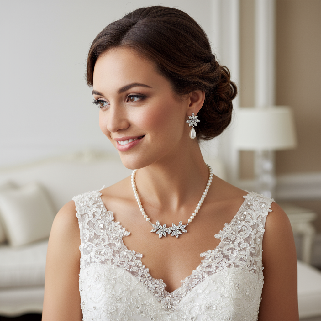 Wedding Pearl Necklace and Earrings Set- Carol