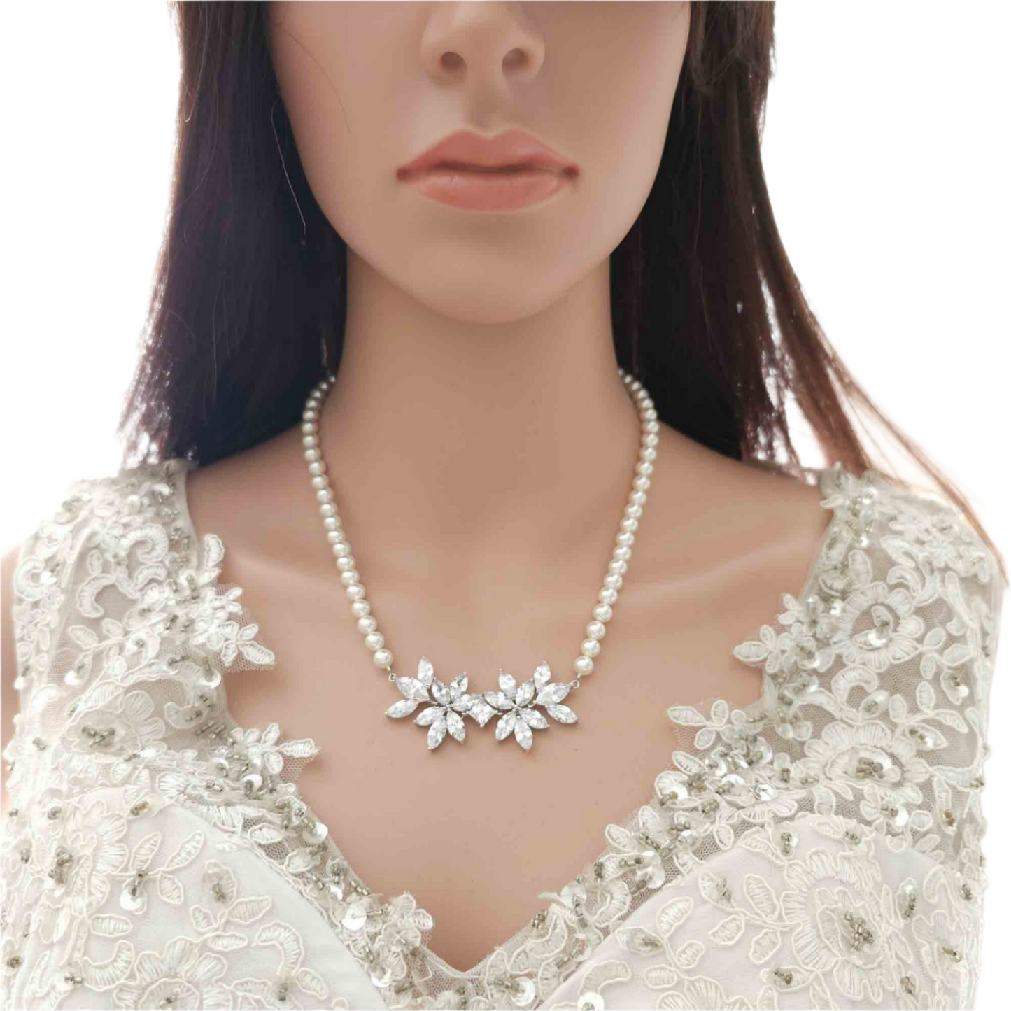 Ensemble de bijoux de mariée en perles de couleur perle blanche ivoire avec collier, toile de fond et boucles d'oreilles-Katie