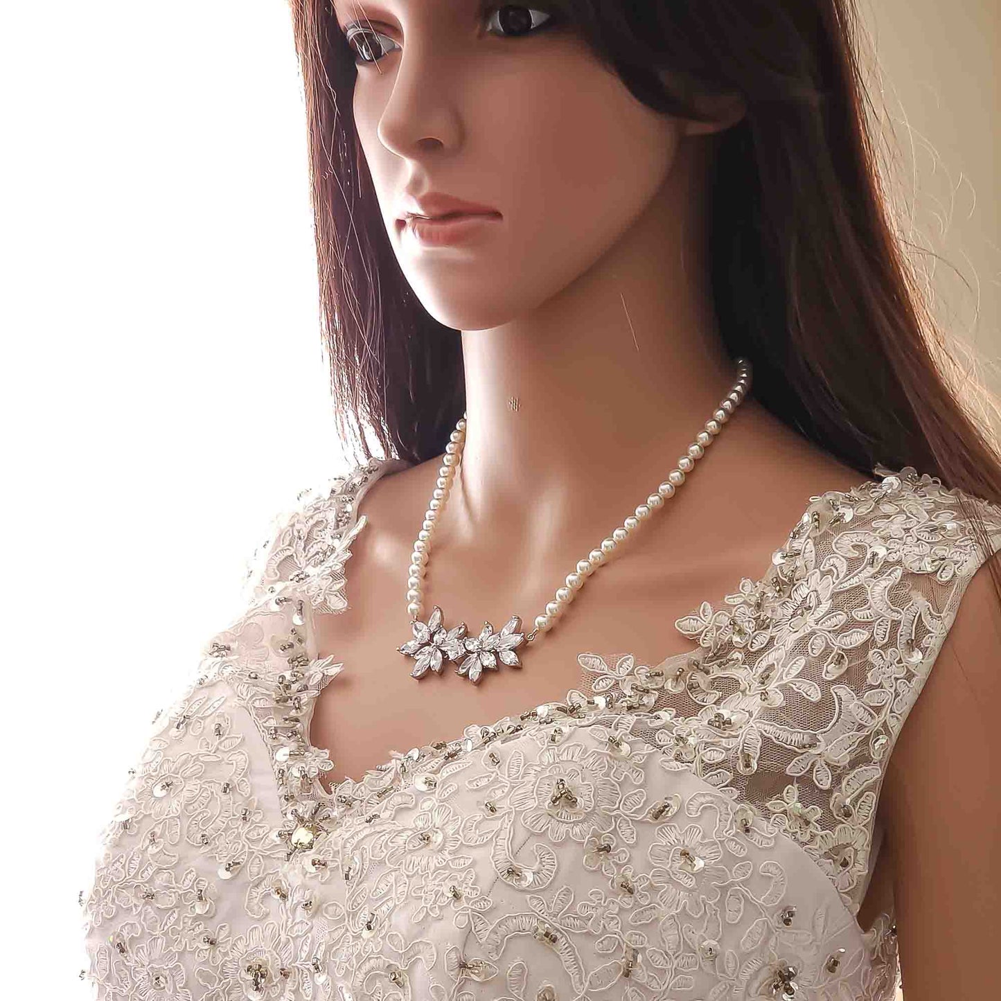 Ensemble de bijoux de mariée en perles de couleur perle blanche ivoire avec collier, toile de fond et boucles d'oreilles-Katie