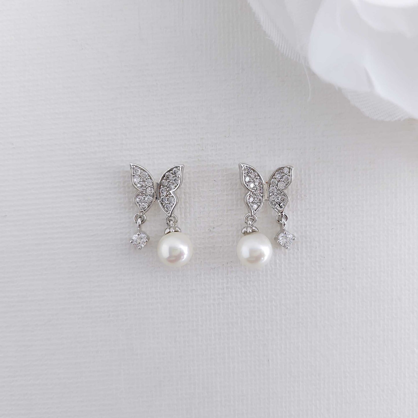 Butterfly Earrings with Pearl and CZ Drops-Sofia