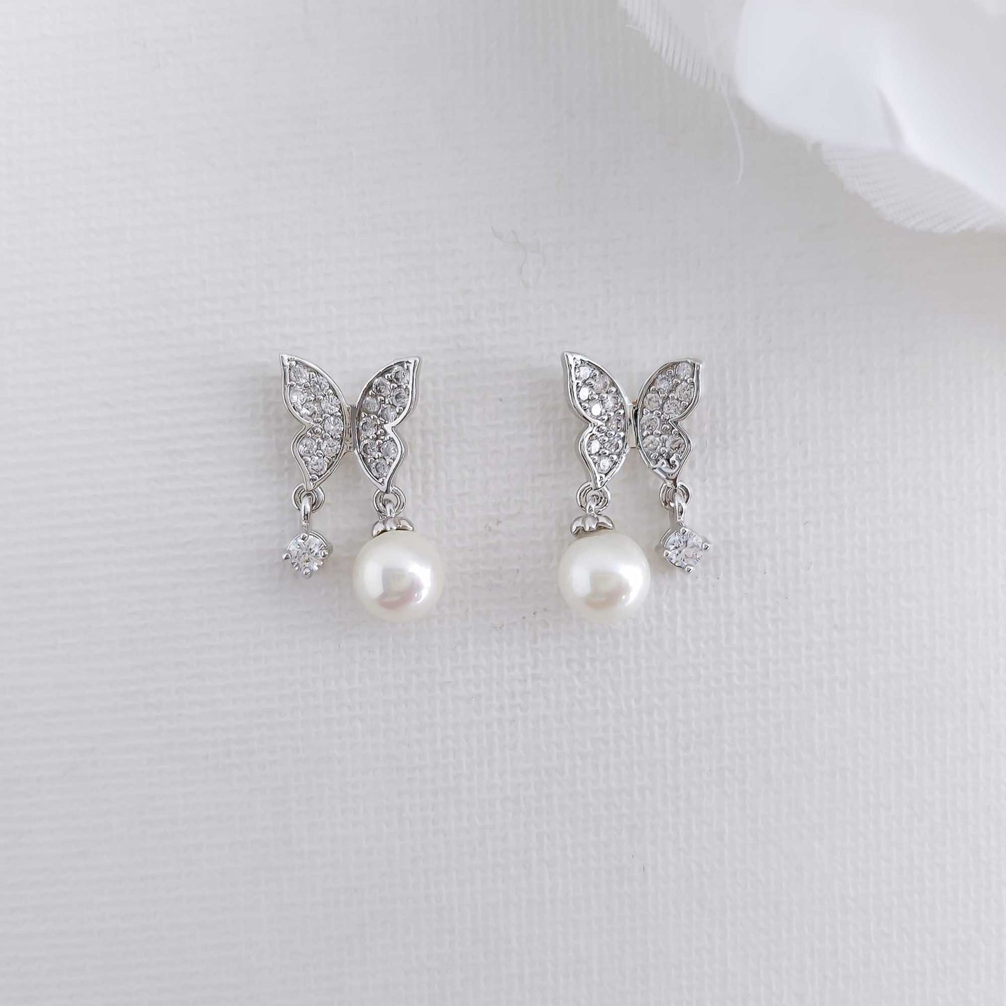 Butterfly Earrings with Pearl and CZ Drops-Sofia