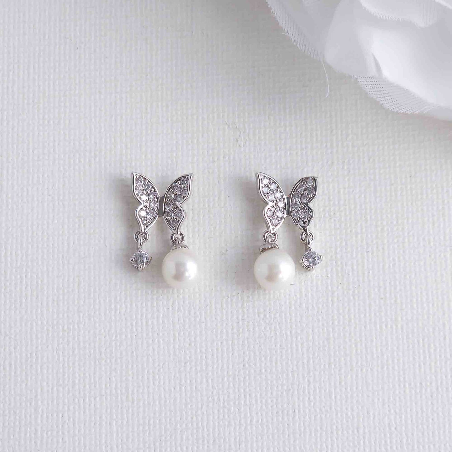 Butterfly Earrings with Pearl and CZ Drops-Sofia