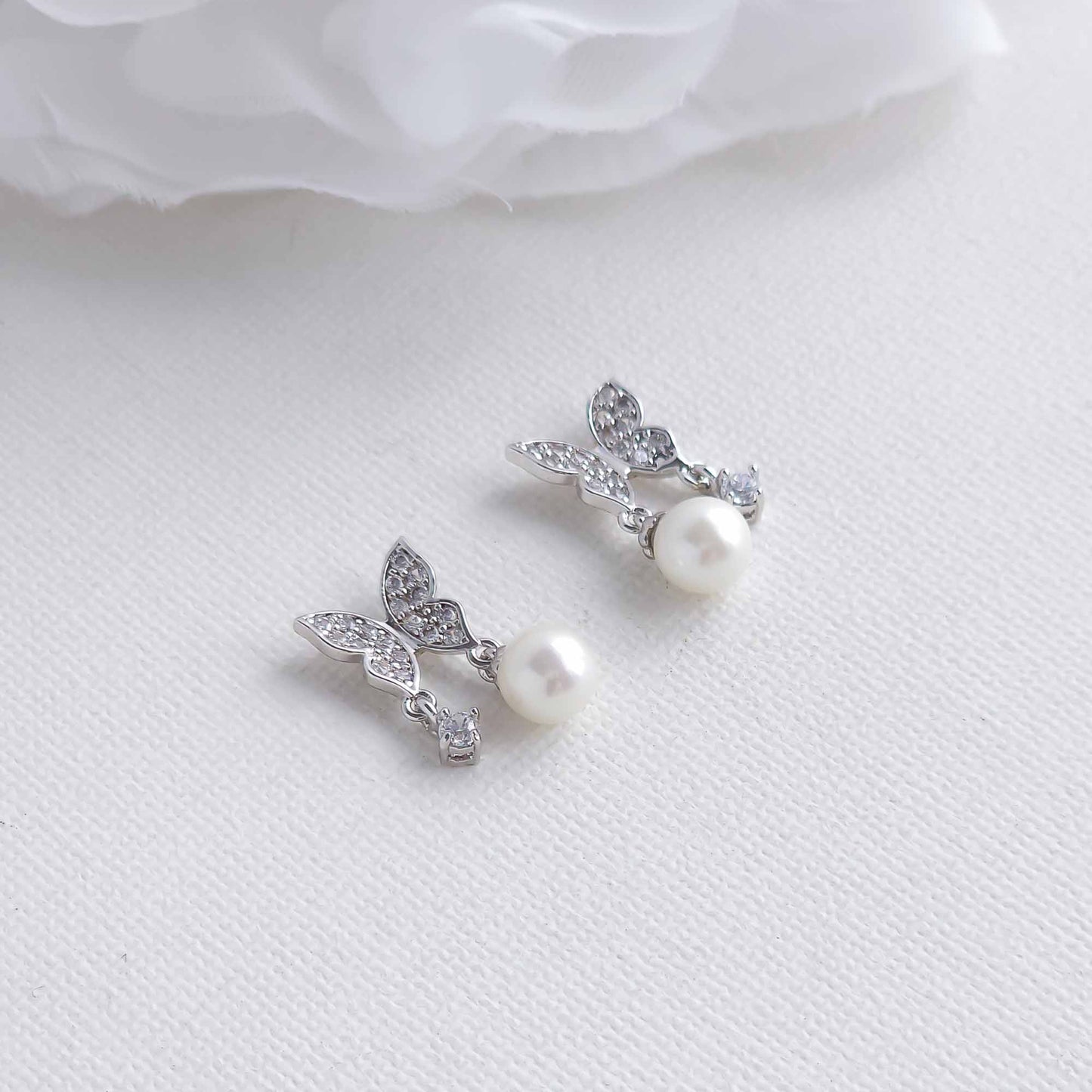 Butterfly Earrings with Pearl and CZ Drops-Sofia