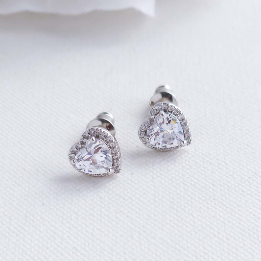 Small CZ Heart Stud Earrings in Silver-Madelyn