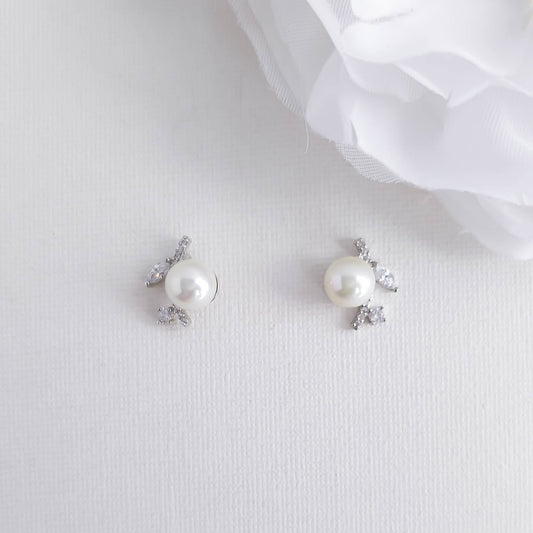 Small Leaf and Pearl Stud Earrings for Women-Everly