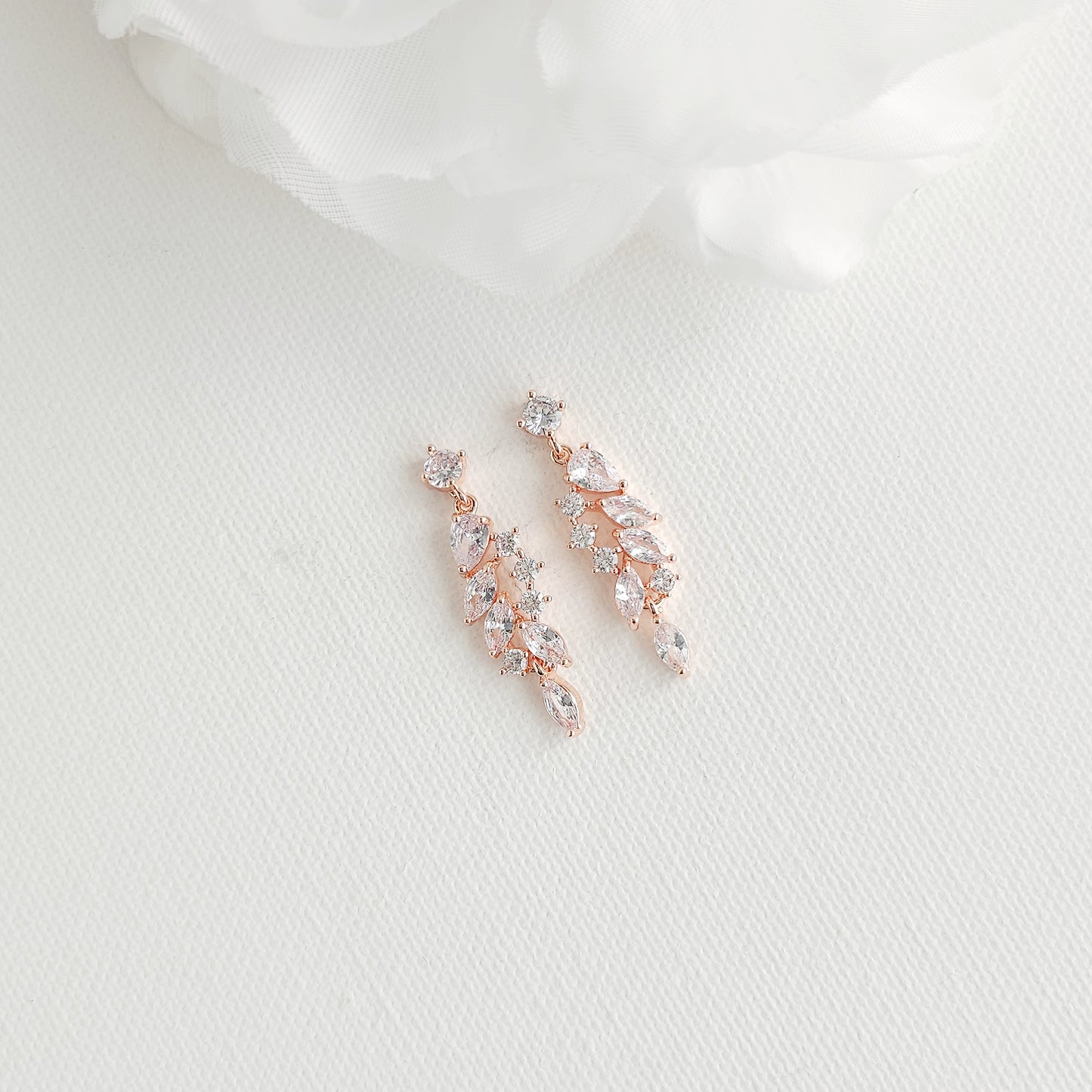 Delicate Rose Gold Leaf Drop Earrings for Blush & Ivory Gowns - Tia
